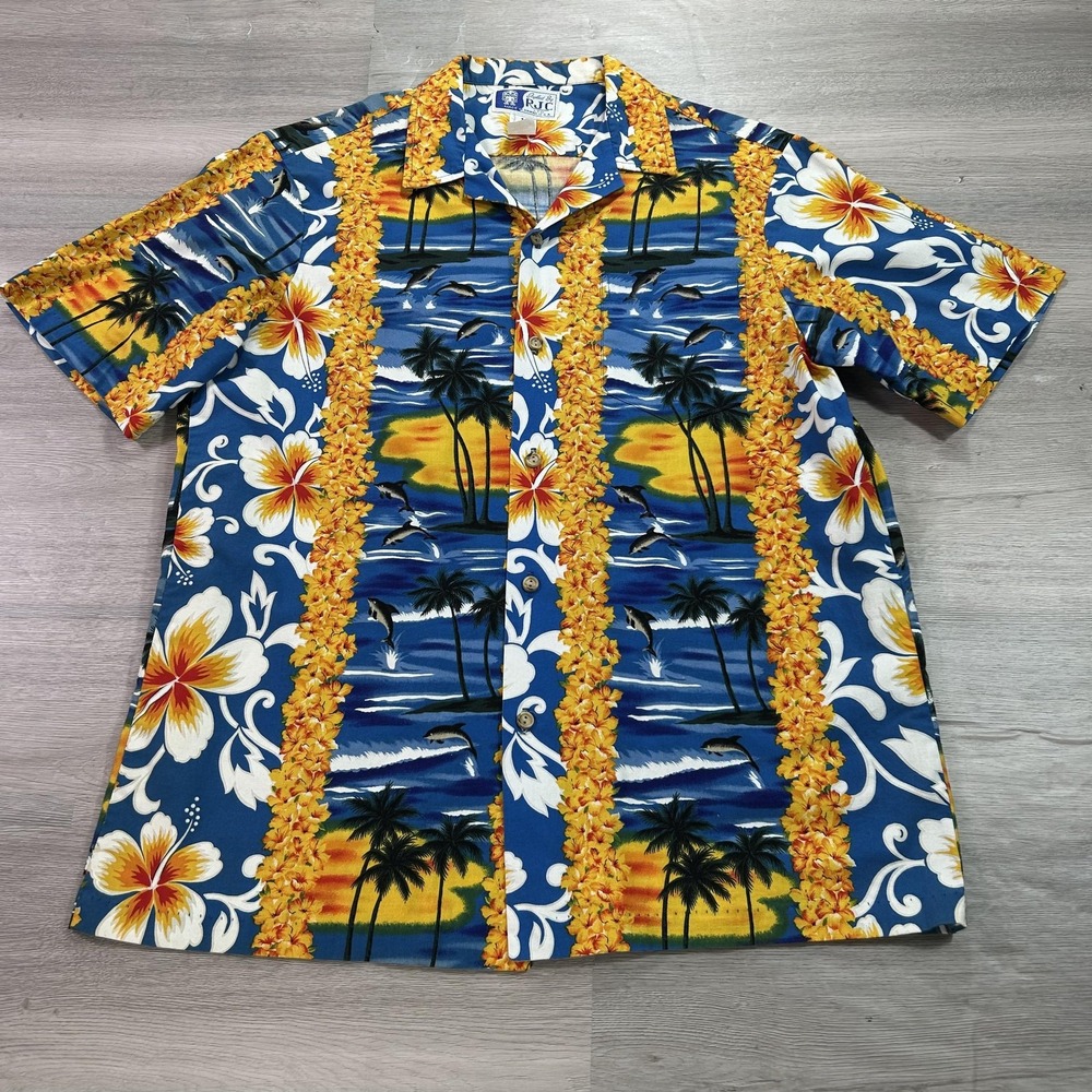 RJC Hawaiian Shirt Mens Large Blue Aloha Floral Dolphins Palm Sunset Made USA